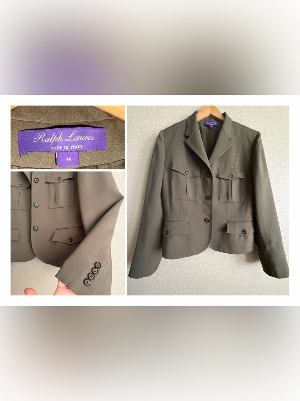 Ralph Lauren Collection Olive Green Military Jacket Blazer Italy Sz 14 Cropped